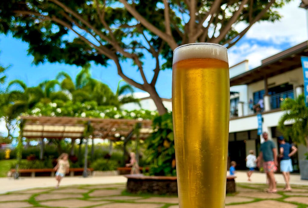 tall glass of beer in sunny courtyard