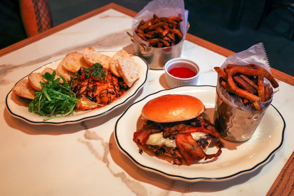 Butcher Bar’s deep-fried burrata with sourdough toast and steak sandwich with hand-cut double- fried french fries