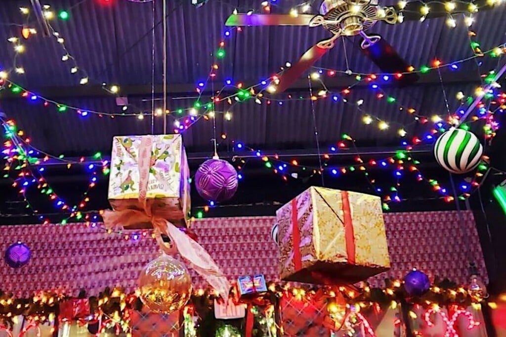 holiday decor at a pop-up bar
