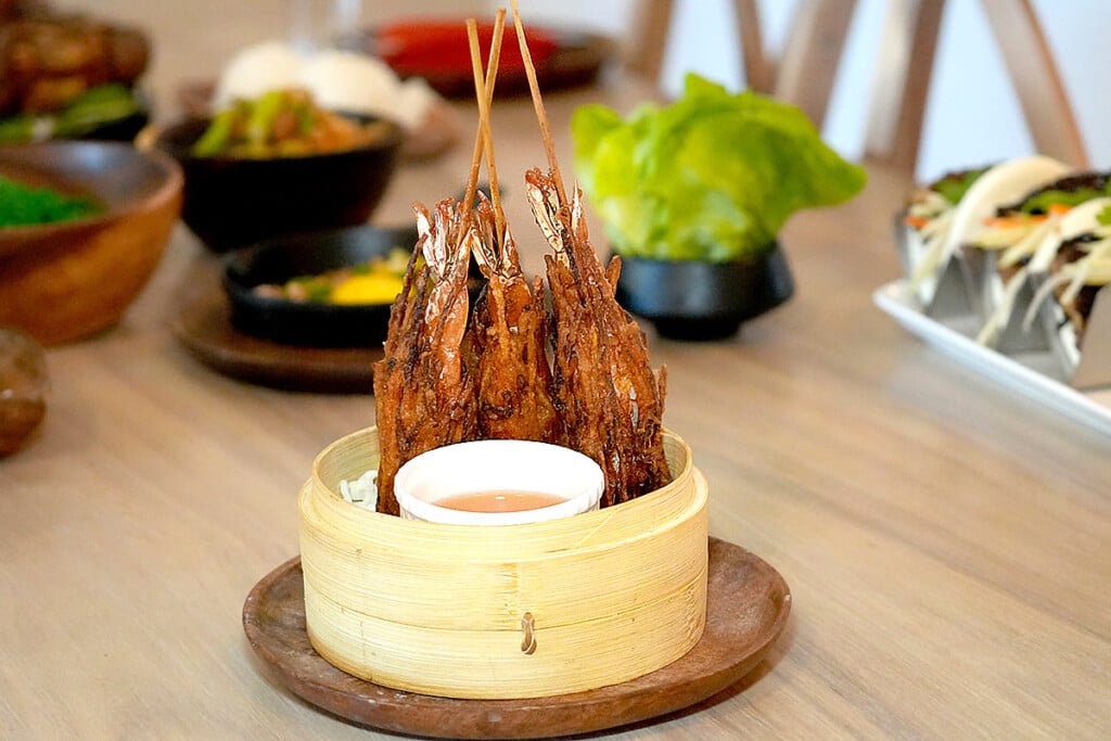 fried Shrimp heads in steamer basket at balai pata