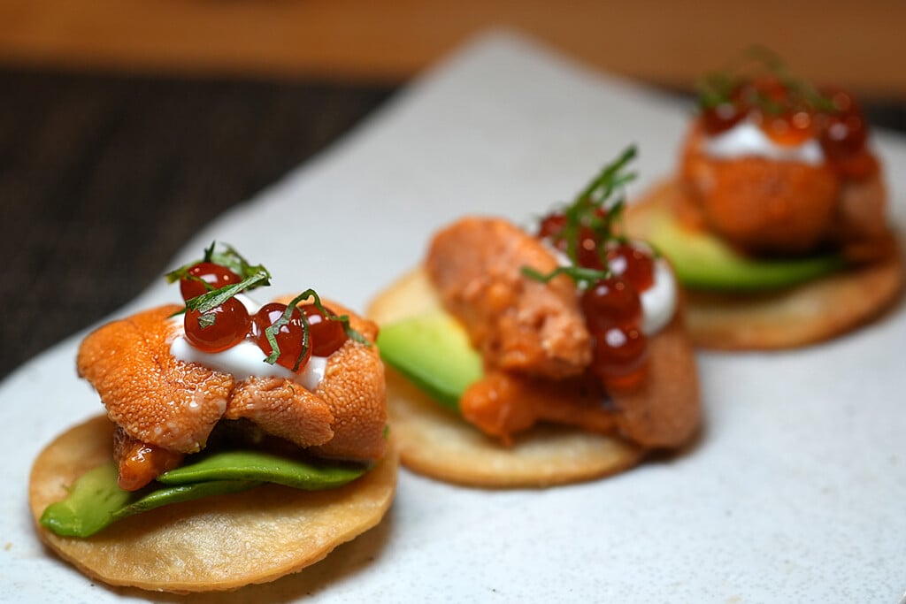Uni atop mini Tostadas at sushi fukurou