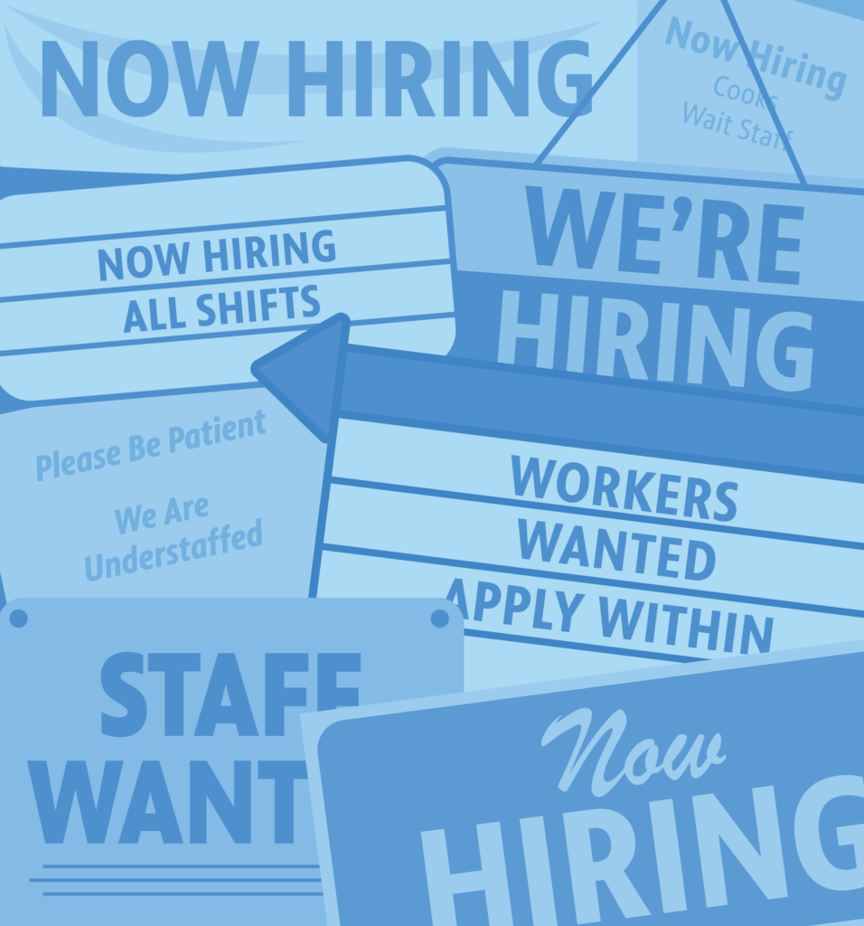 PBS Hawaii for Honolulu Magazine 2023: Image of text signs that read: Now Hiring, Staff Wanted, We're Hiring